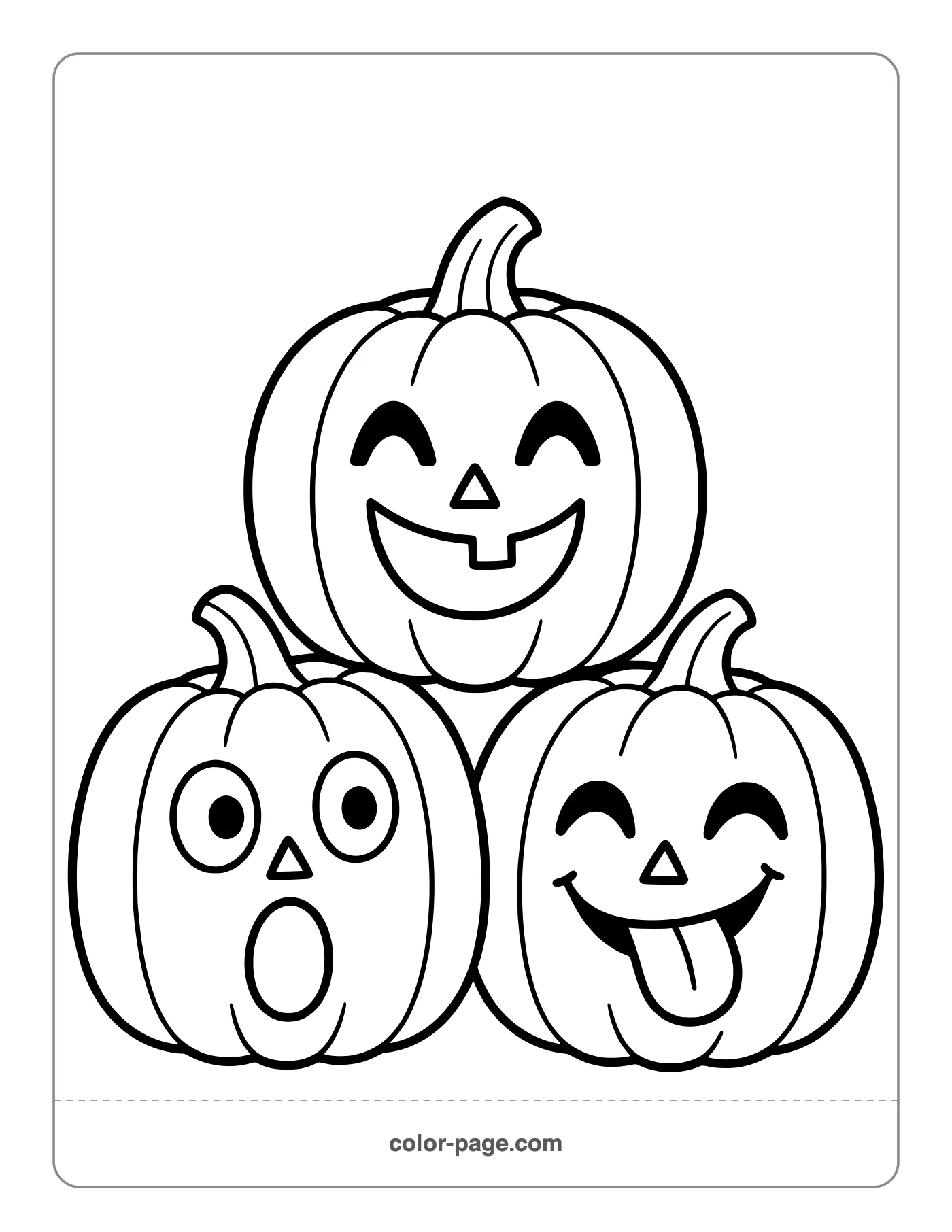 Three stacked jack-o'-lanterns with different faces coloring page