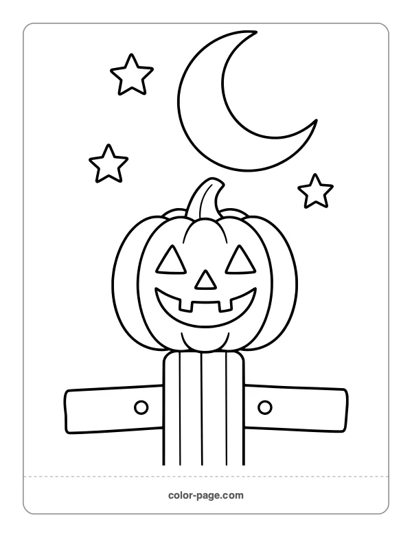 Jack-o'-lantern on a fence under the moon coloring page