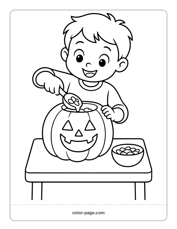 Child carving a jack-o'-lantern pumpkin coloring page