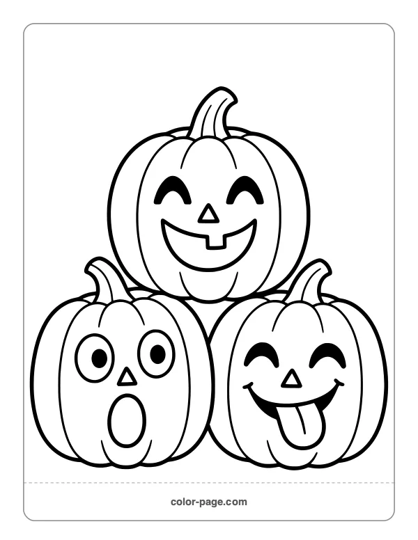 Three stacked jack-o'-lanterns with different faces coloring page