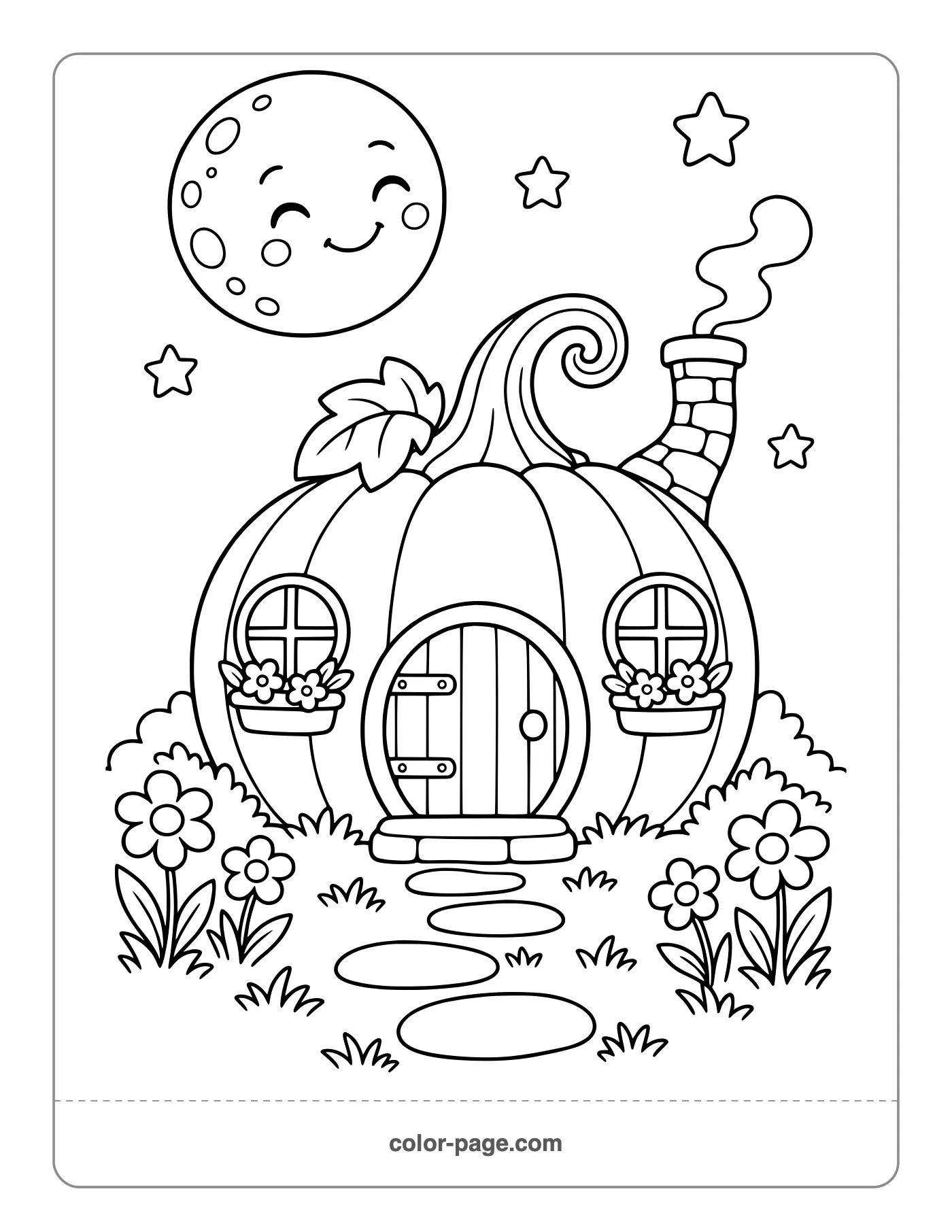 tiny pumpkin-shaped house with flowers coloring page
