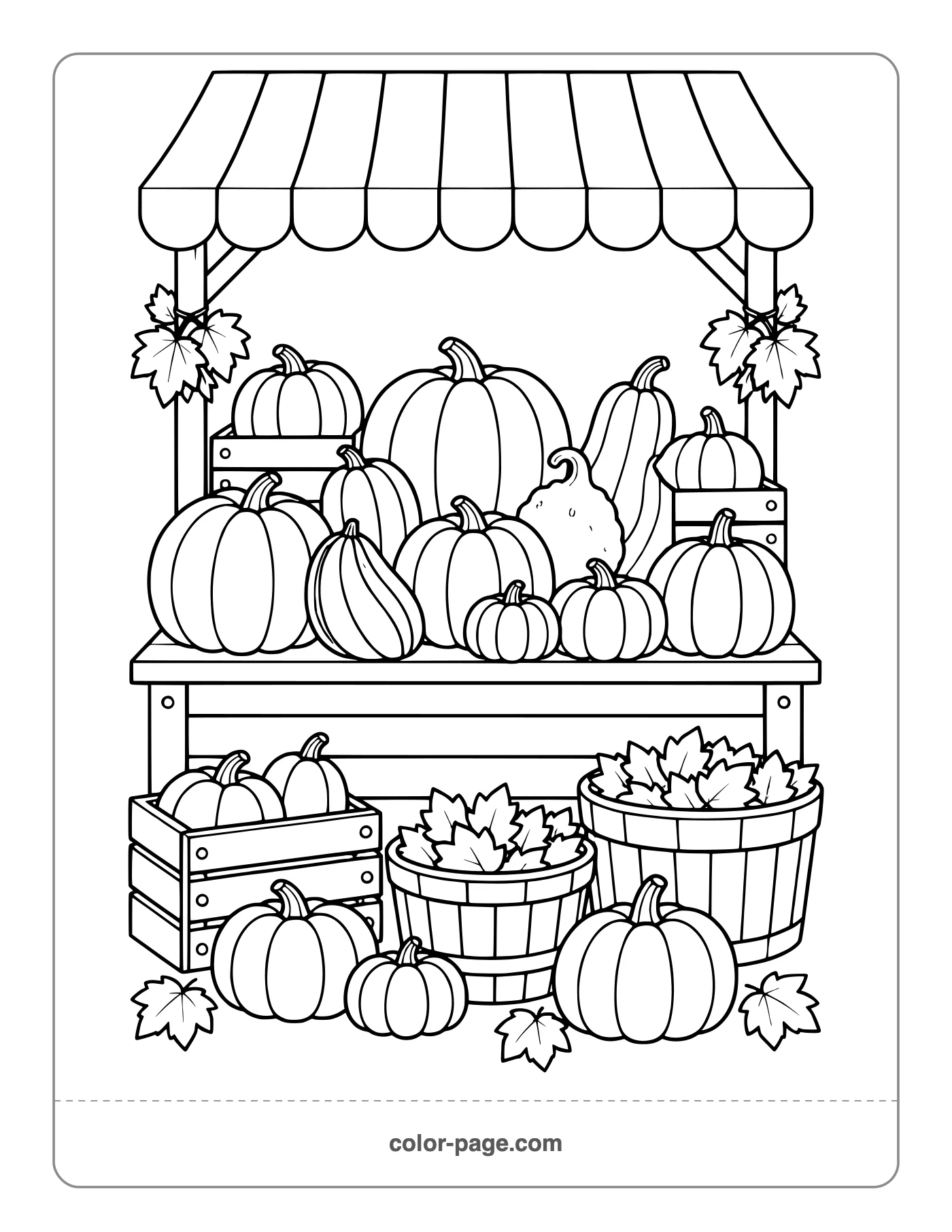 outdoor stall piled with pumpkins and baskets coloring page