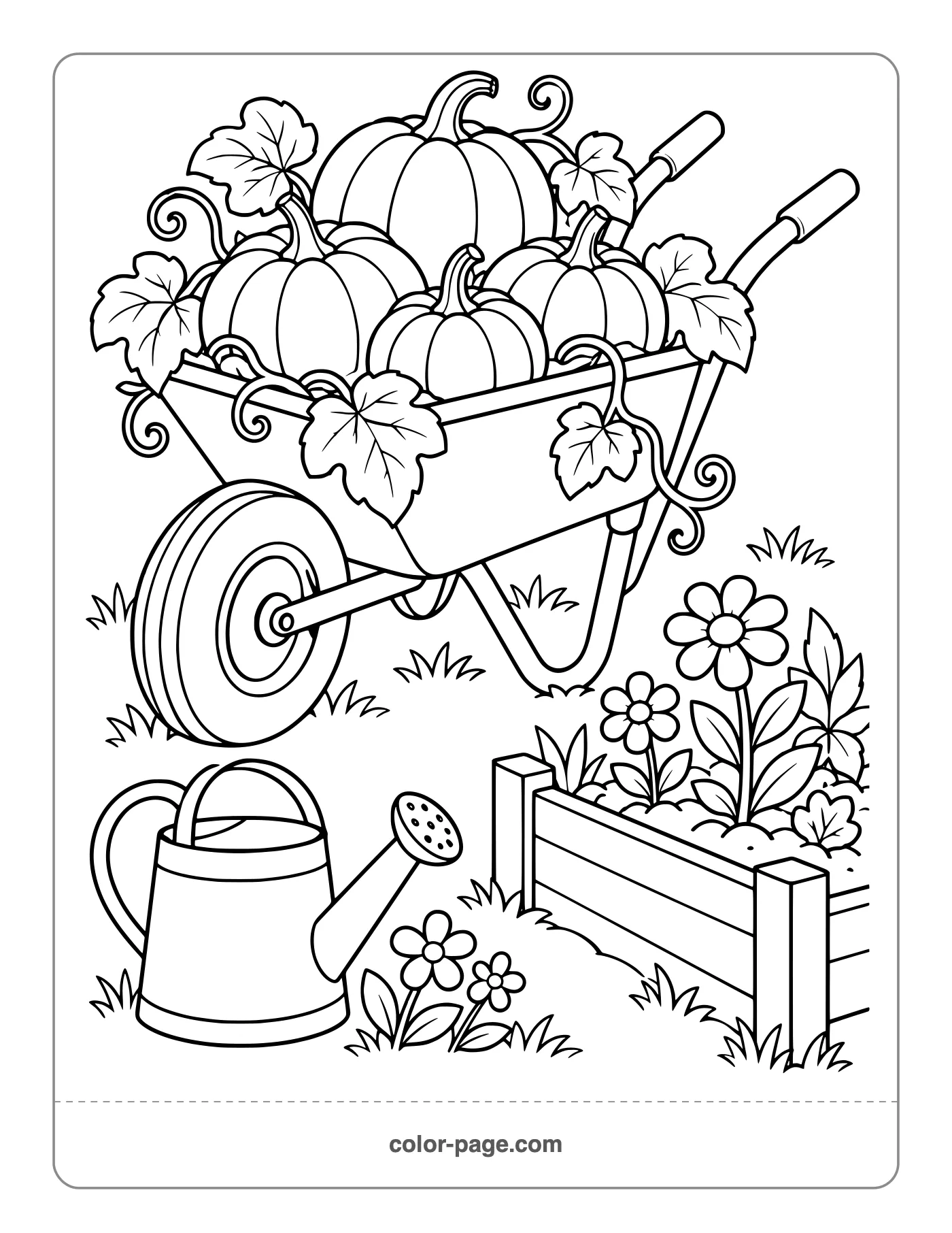 wheelbarrow overflowing with pumpkins and vines coloring page