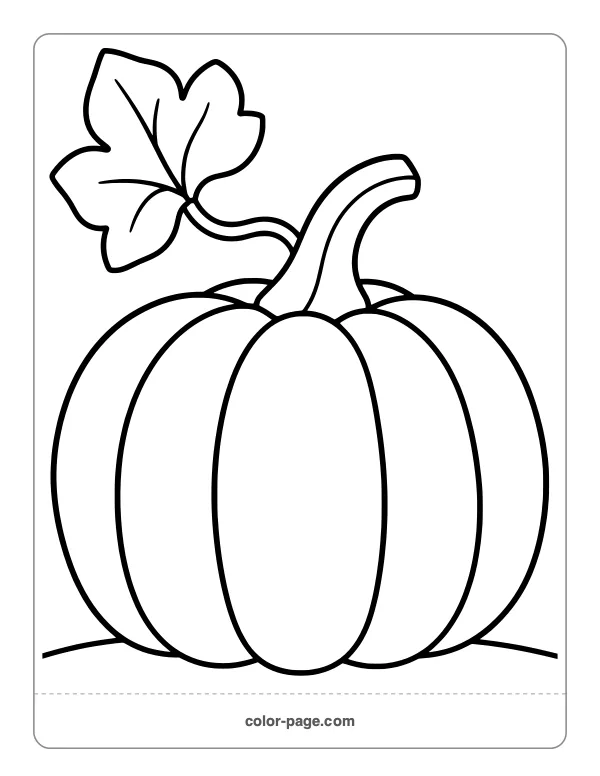 Pumpkin Coloring Pages: Big round pumpkin with a stem and leaf coloring page