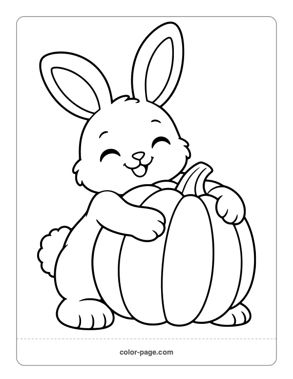 Cute bunny hugging a big pumpkin coloring page