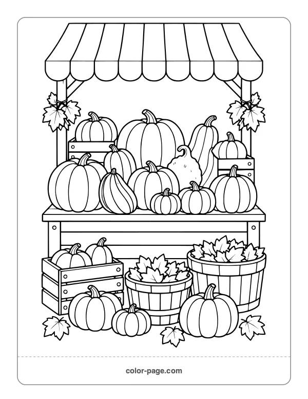outdoor stall piled with pumpkins and baskets coloring page