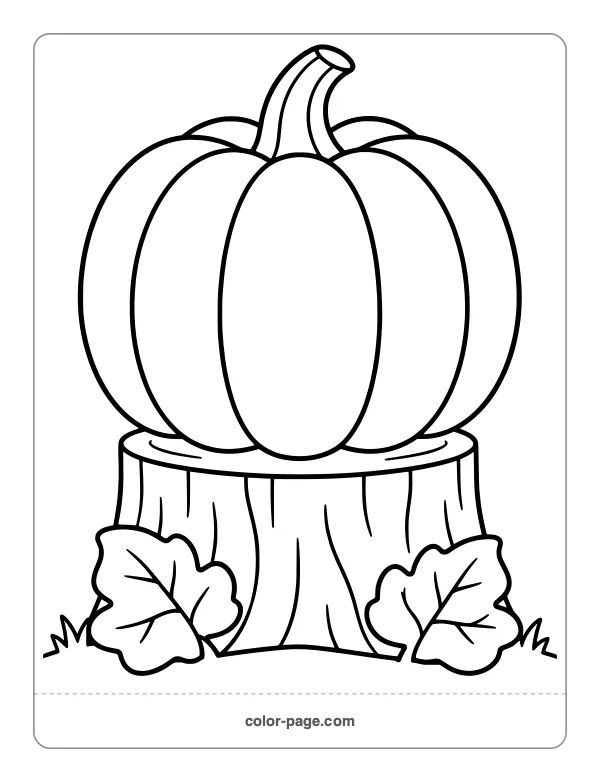 pumpkin resting on a tree stump coloring page