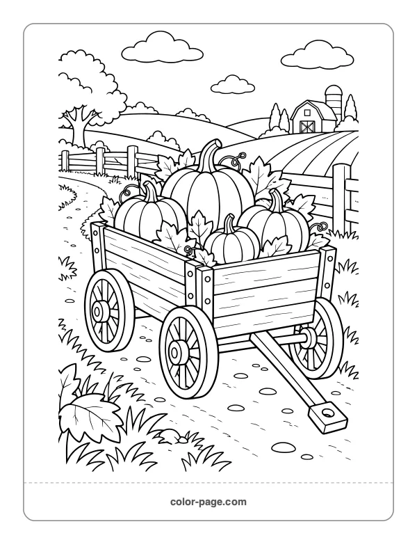 wooden cart filled with pumpkins on a farm path coloring page