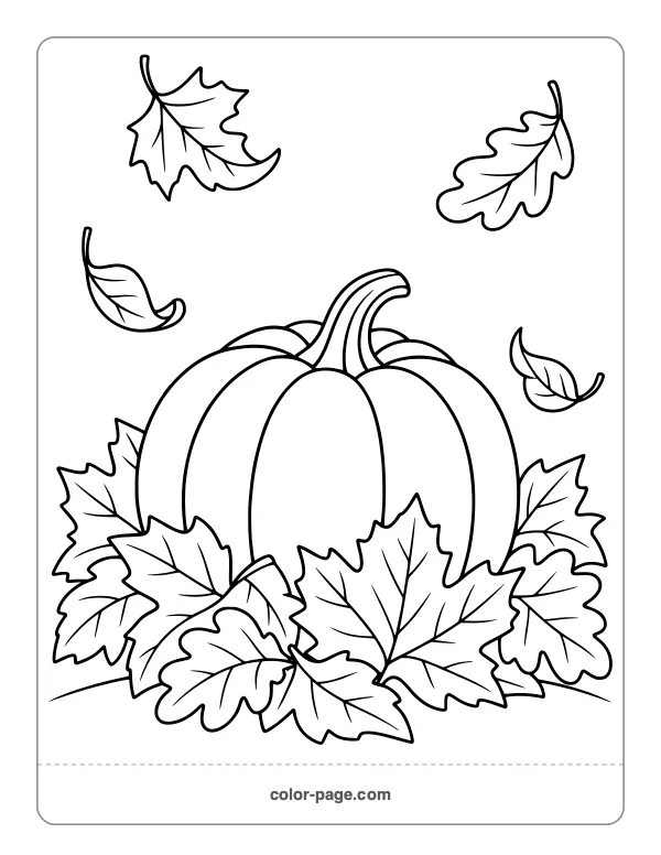 round pumpkin nestled in an autumn leaf pile coloring page