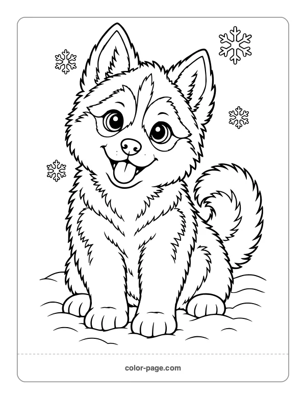 Fluffy husky puppy in the snow coloring page