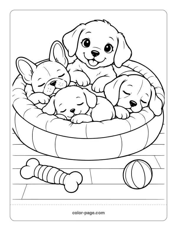 Four sleepy puppies in one dog bed coloring page