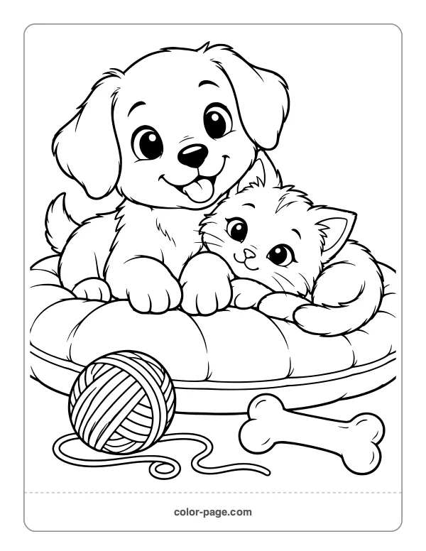 Puppy and kitten cuddling coloring page