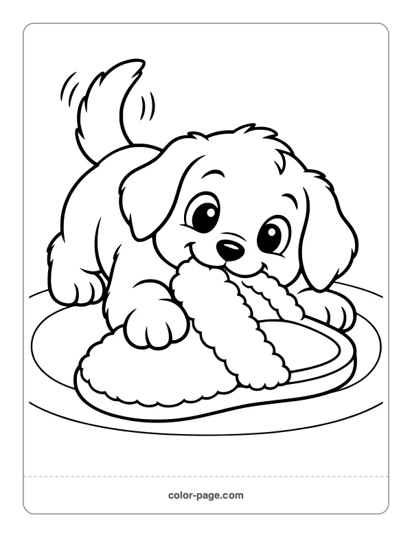 Puppy chewing a slipper coloring page