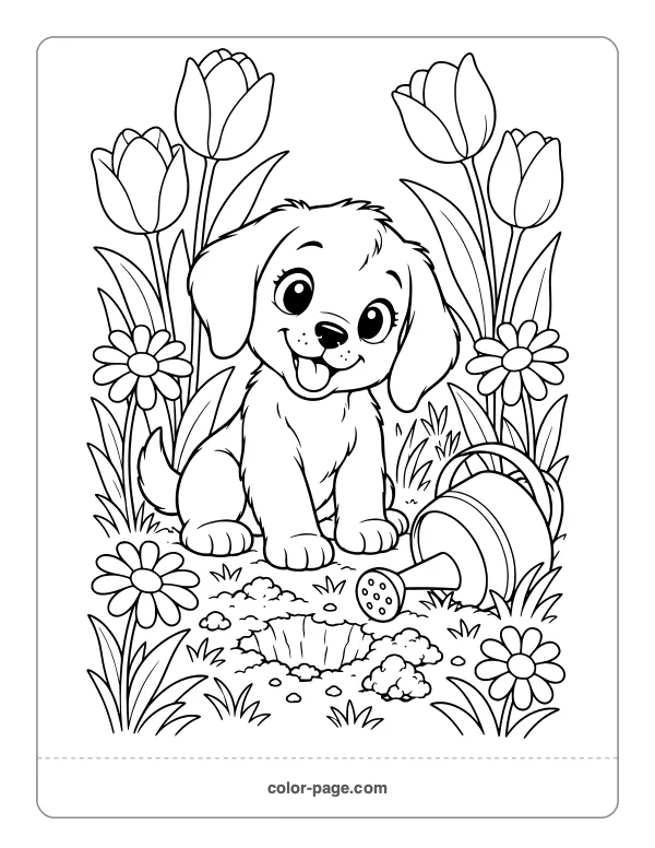 Puppy sitting in a flower garden coloring page