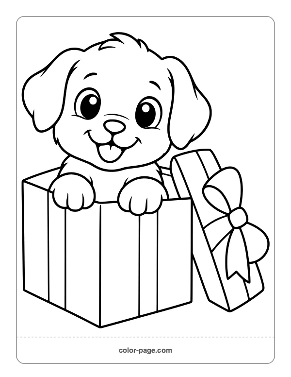 Puppy peeking out of a gift box coloring page