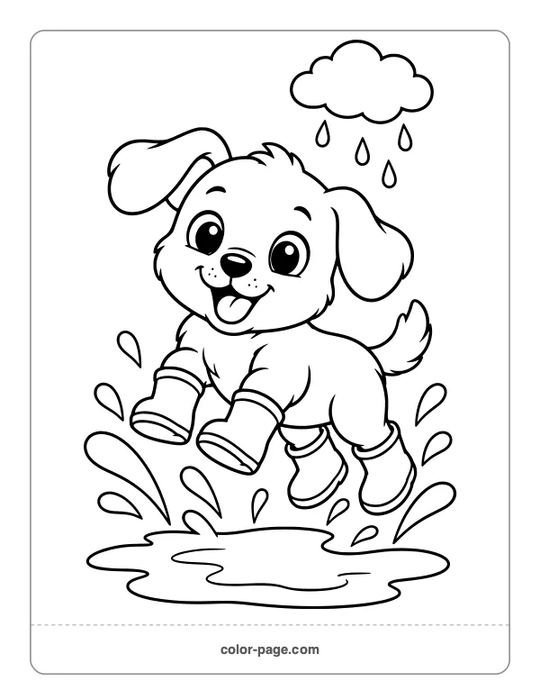 Puppy in rain boots splashing in a puddle coloring page