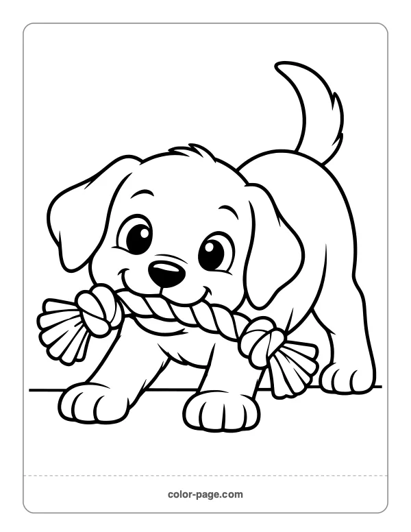 Puppy playing with a rope toy coloring page