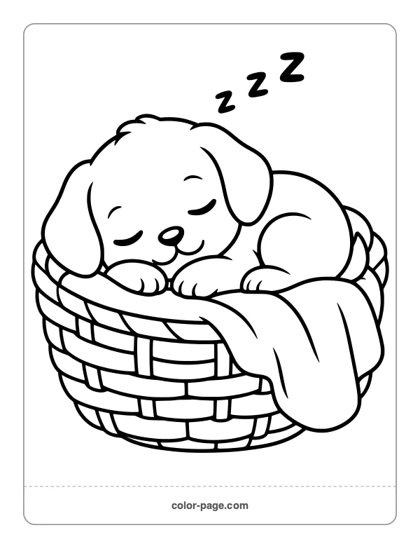 Puppy sleeping in a basket coloring page