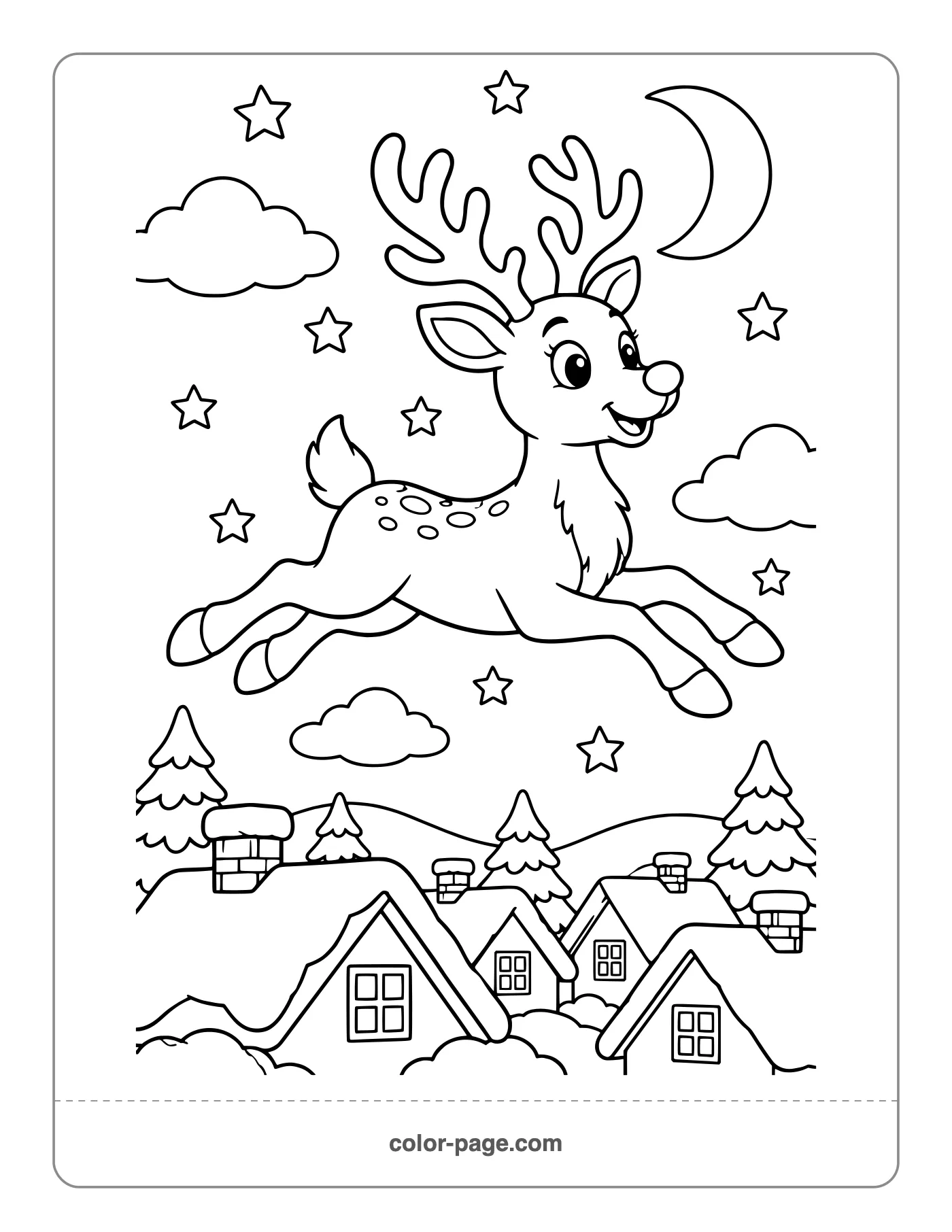 Reindeer flying over rooftops at night coloring page