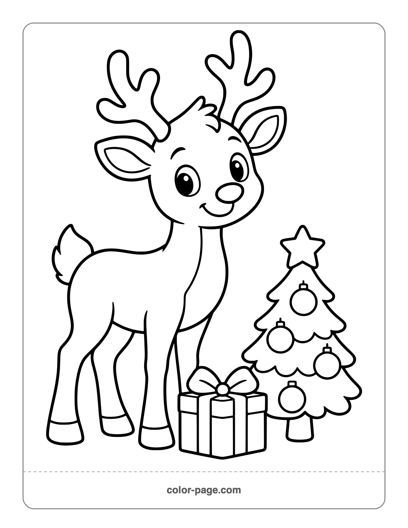 Reindeer next to a decorated Christmas tree coloring page