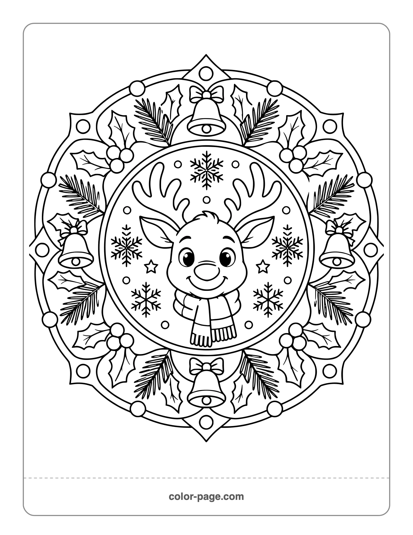 Reindeer head mandala with snowflakes and holly coloring page