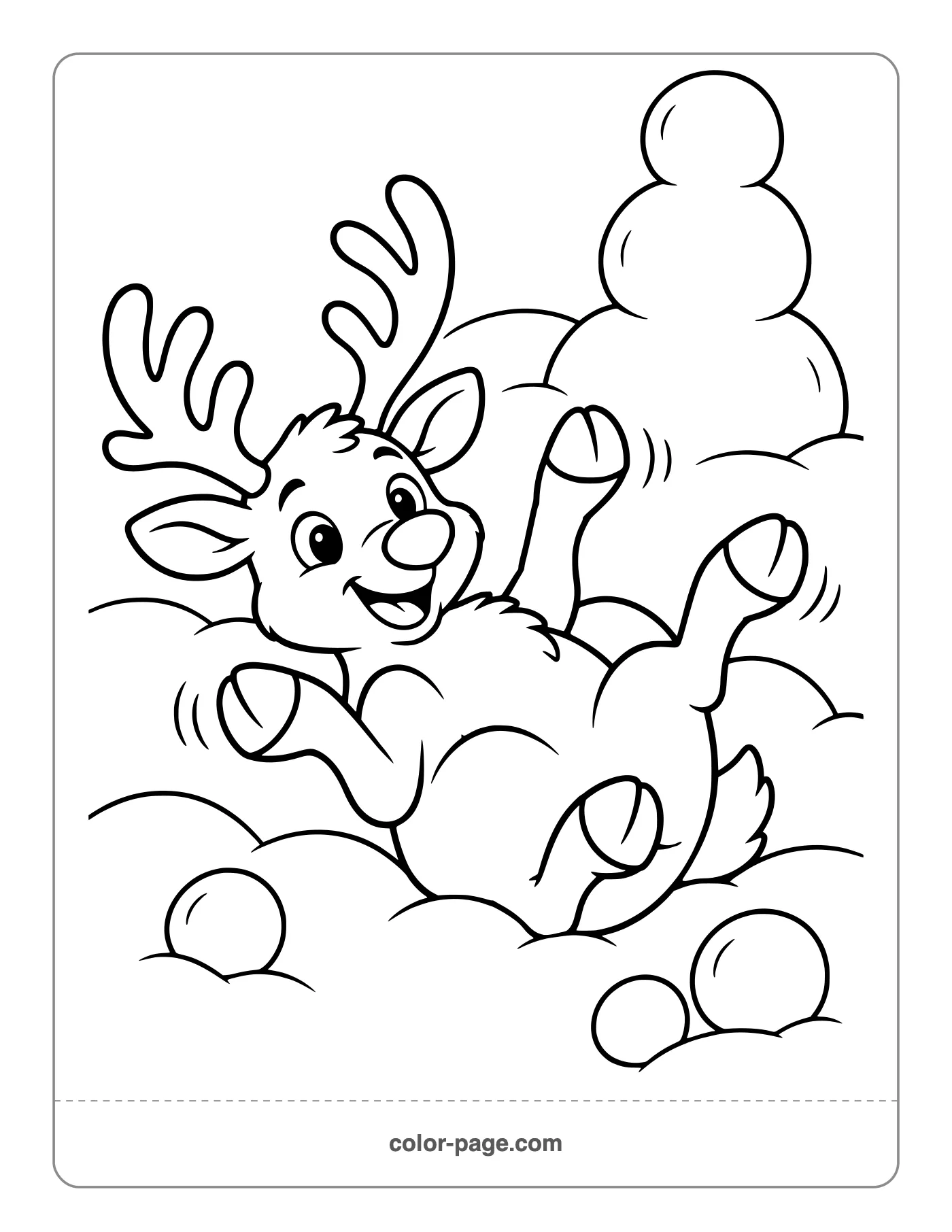 Playful reindeer rolling in the snow coloring page