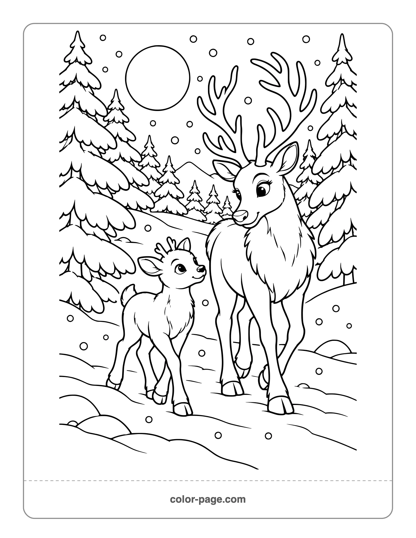 Mother and baby reindeer in a snowy winter forest coloring page