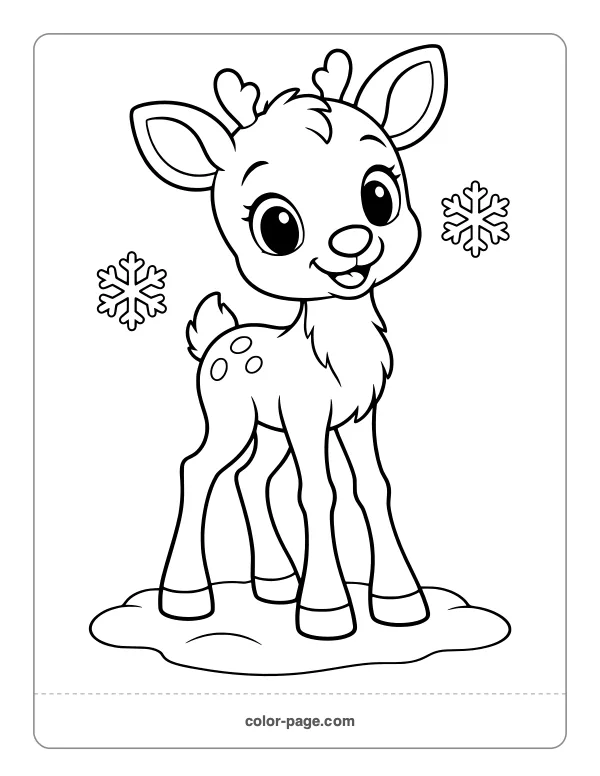 Cute baby reindeer standing in the snow coloring page