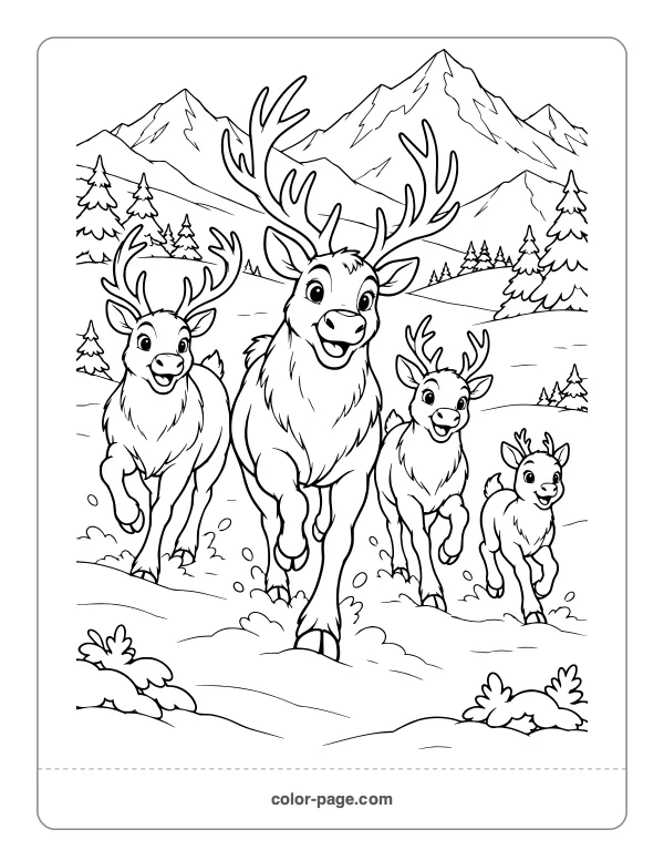 Herd of reindeer running across a snowy field coloring page