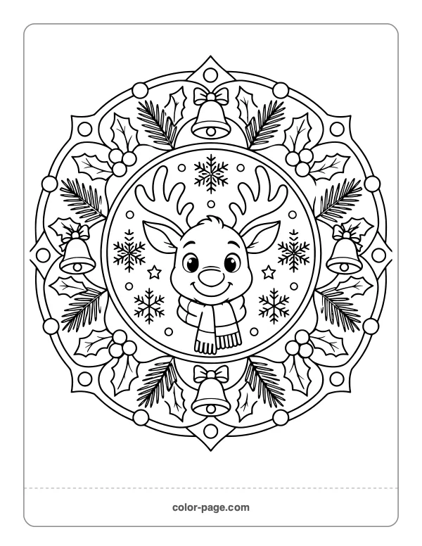 Reindeer head mandala with snowflakes and holly coloring page