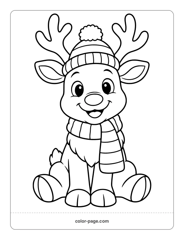Happy reindeer wearing a scarf and bobble hat coloring page