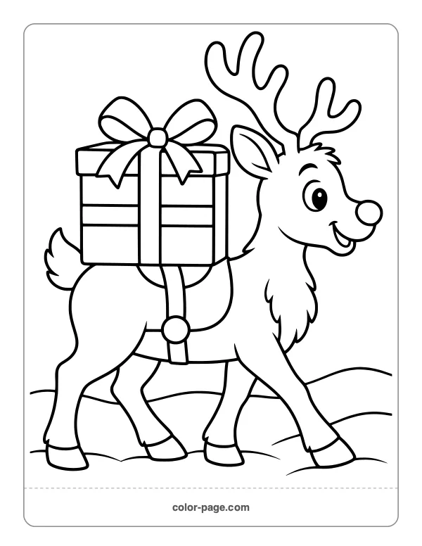 Reindeer carrying a wrapped present on its back coloring page