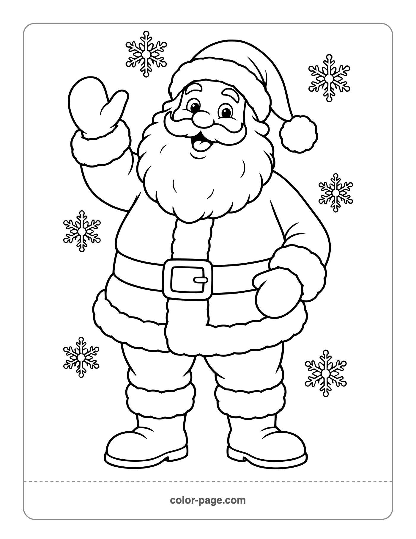 Classic Santa Claus waving with a fluffy beard and snowflakes coloring page