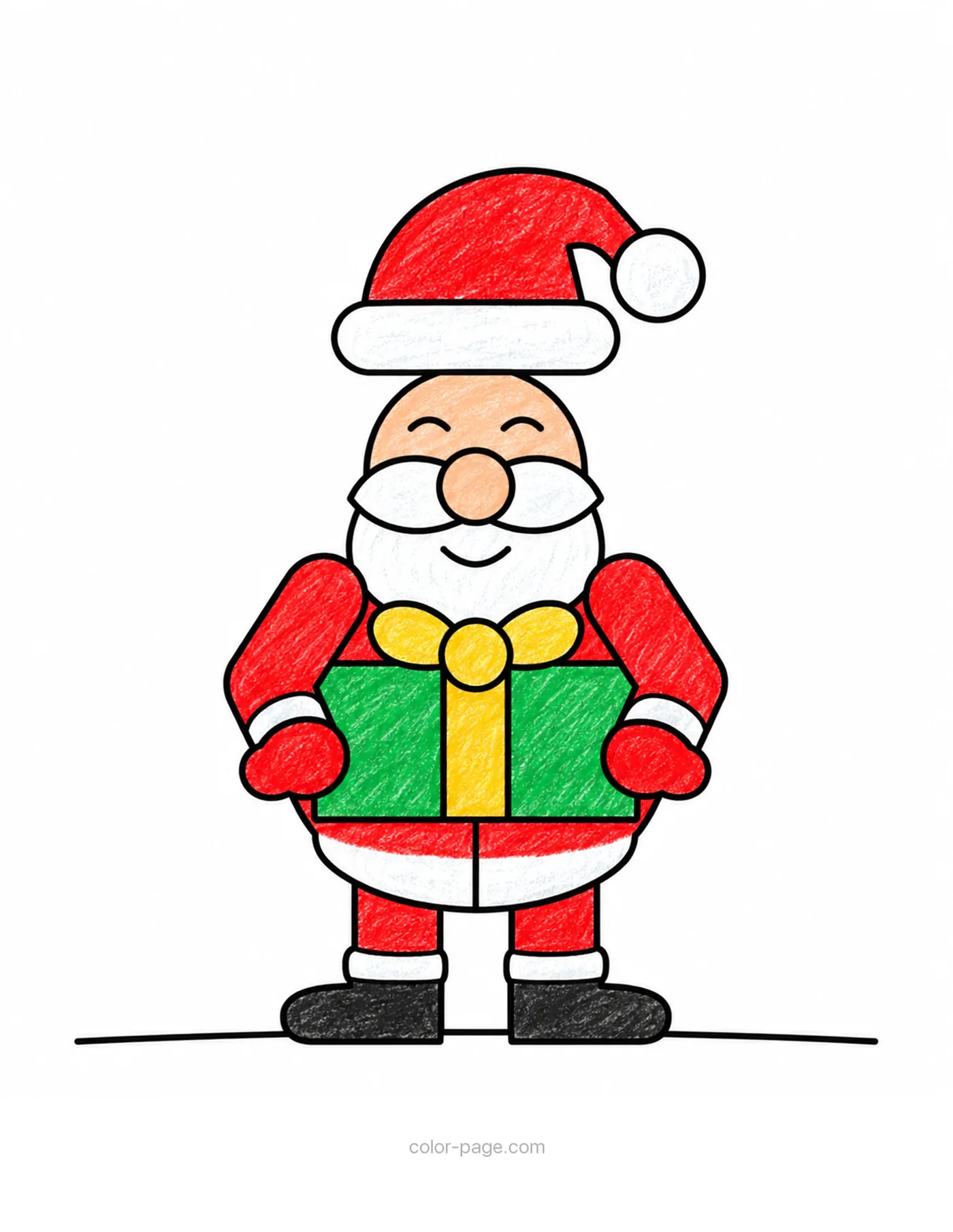 Santa coloring page, colored in as an example