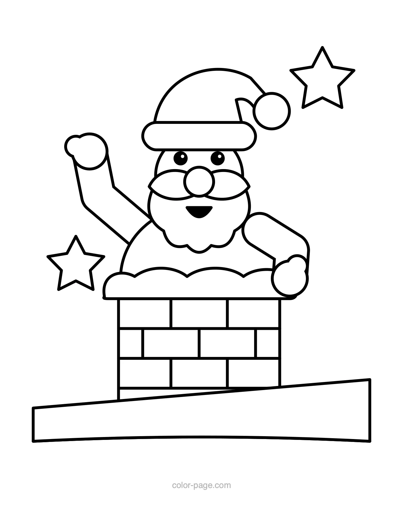 Santa climbing out of a brick chimney coloring page