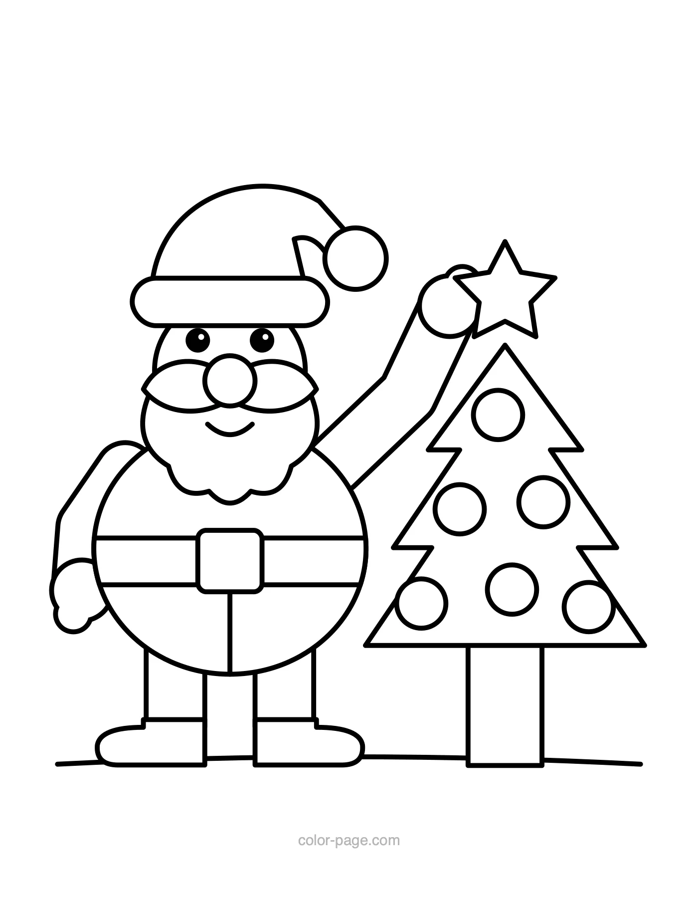 Santa putting a star on a Christmas tree coloring page