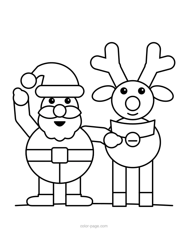 Santa standing next to a friendly reindeer coloring page