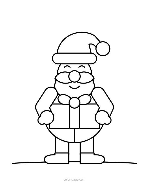 Santa holding a wrapped present with a bow coloring page