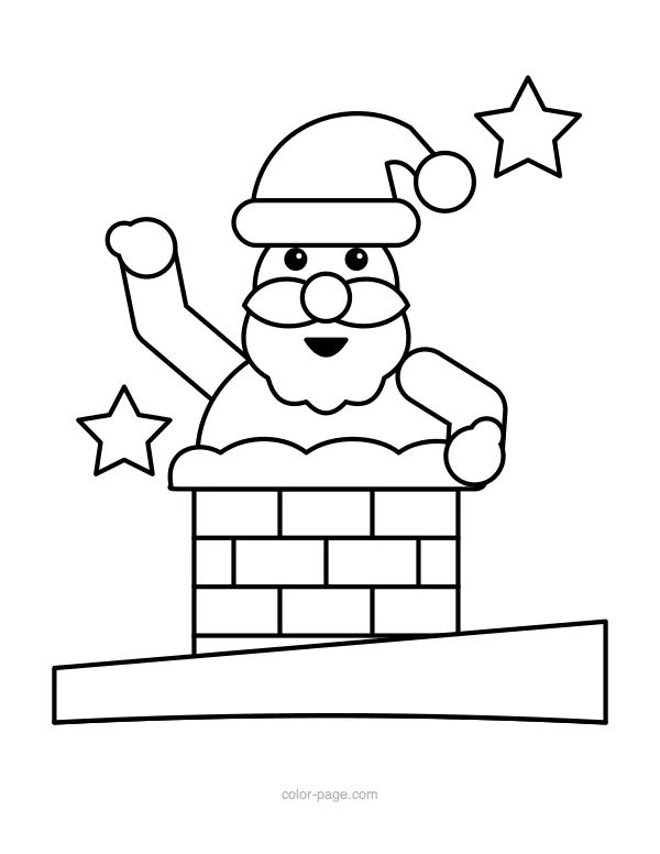 Santa climbing out of a brick chimney coloring page