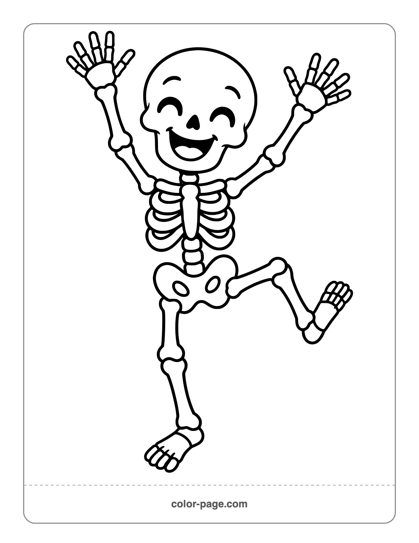 Smiling cartoon skeleton dancing coloring page