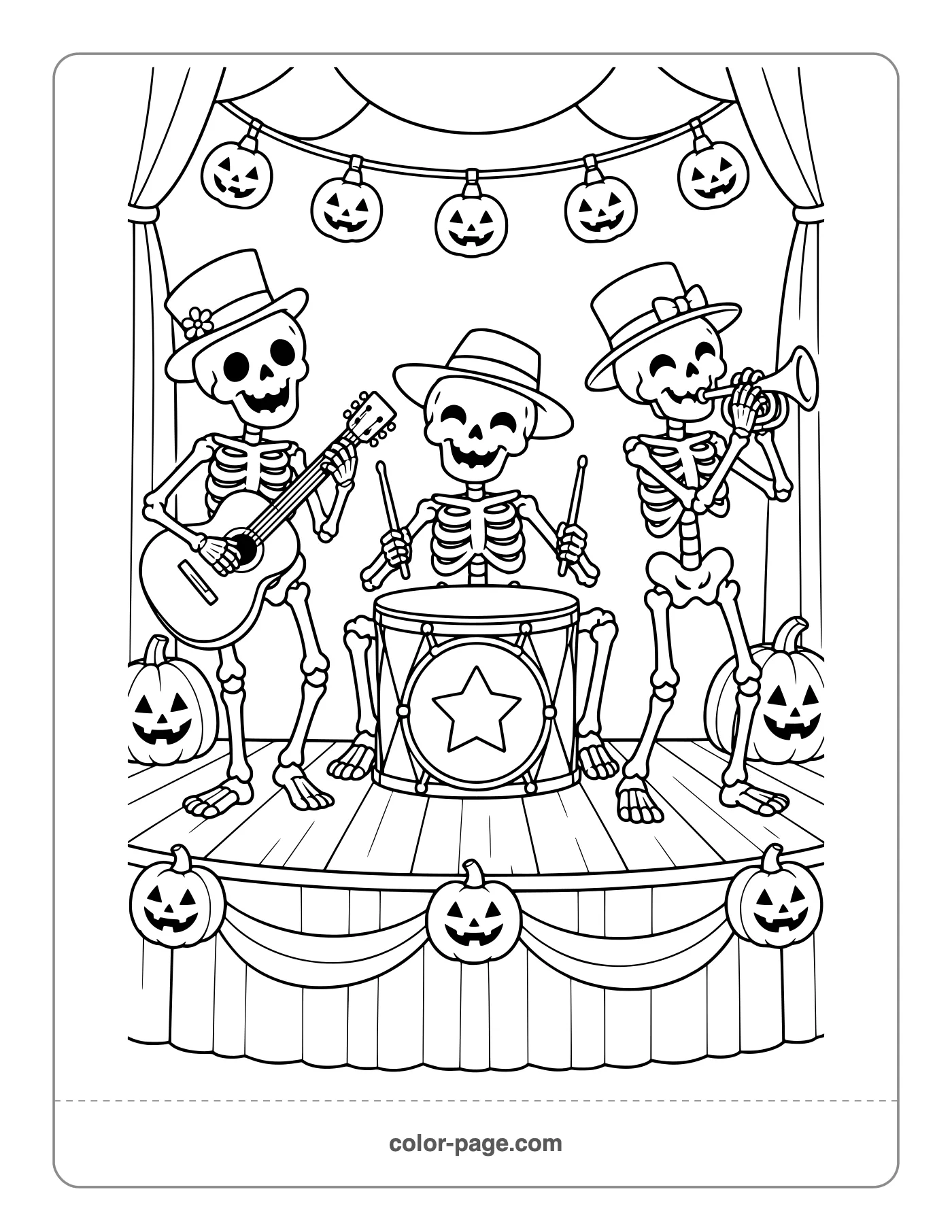 Skeleton band playing music on a Halloween stage coloring page