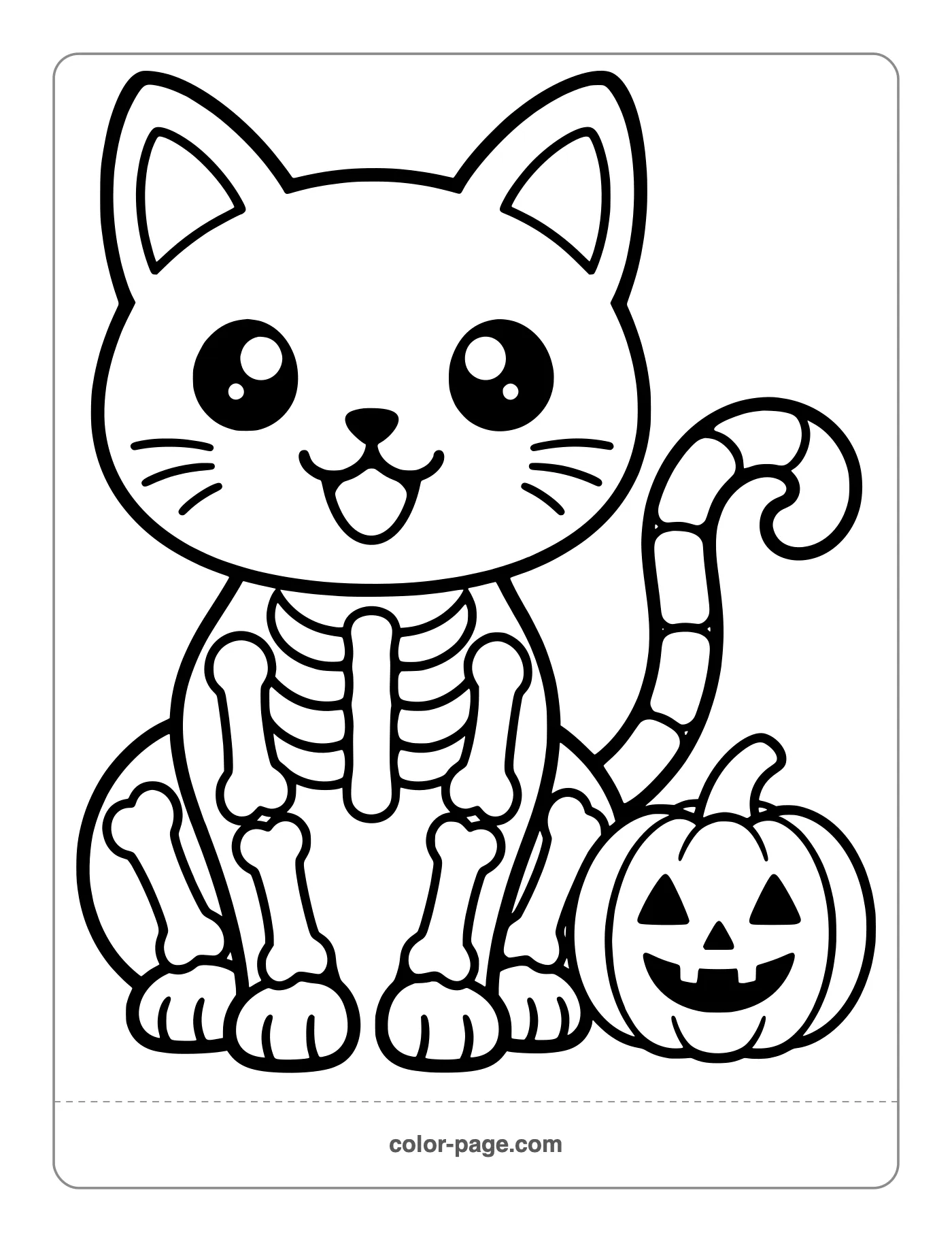 Cute skeleton cat sitting by a pumpkin coloring page