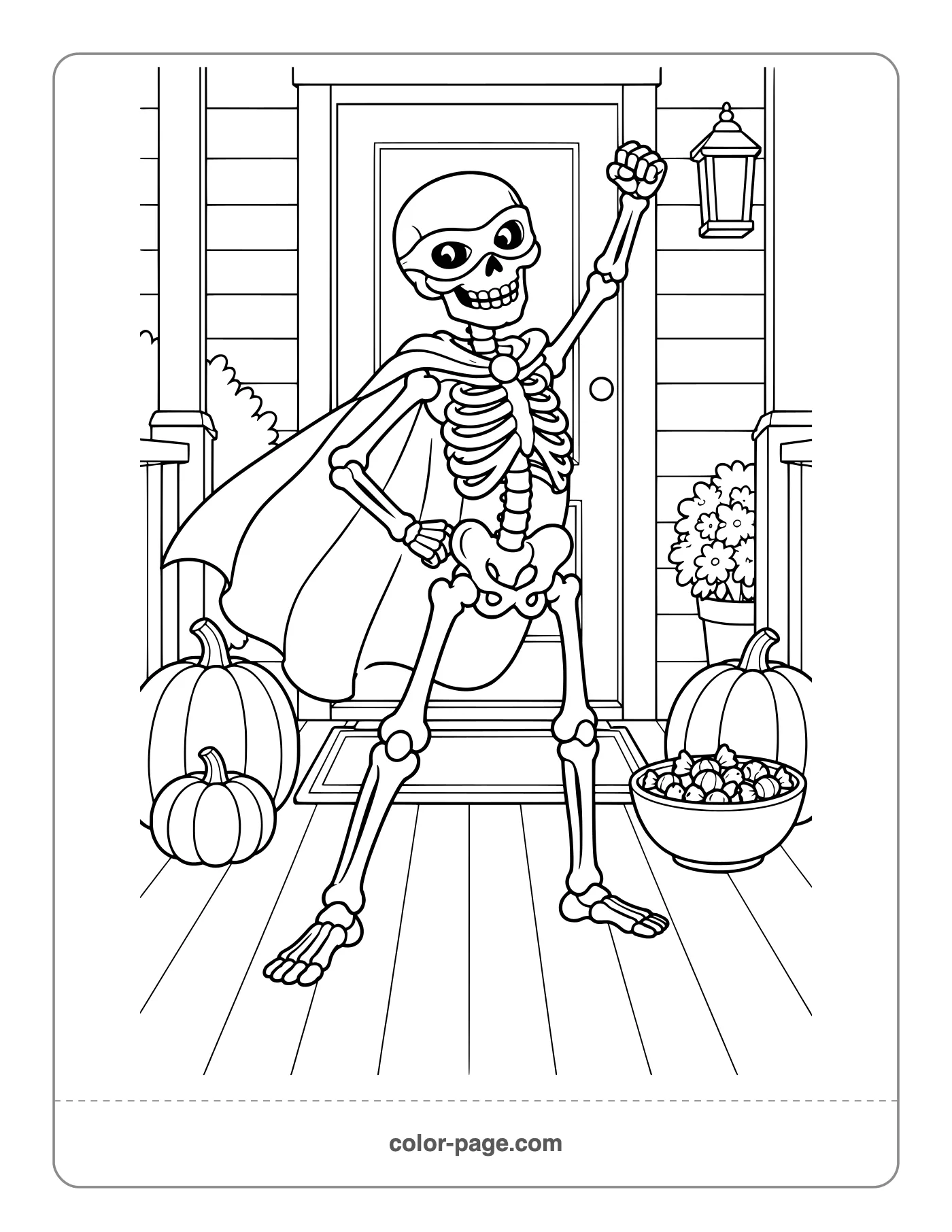 Skeleton in a cape and mask on Halloween coloring page