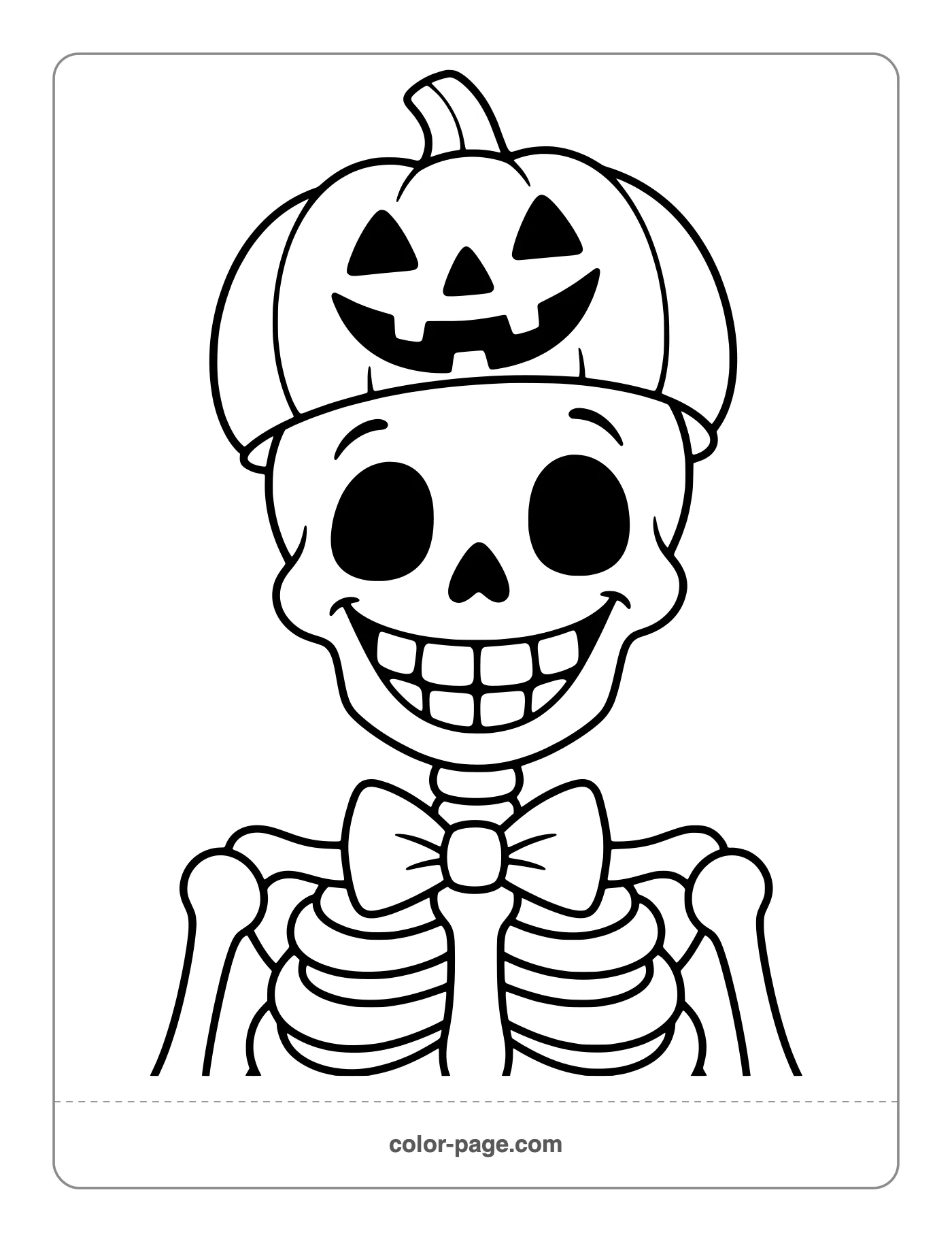 Grinning cartoon skeleton wearing a pumpkin hat coloring page