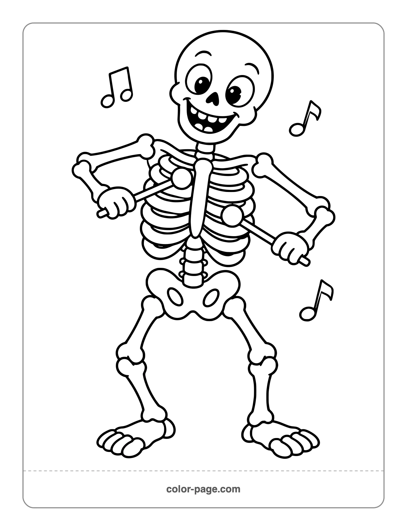 Silly skeleton playing its ribs like a xylophone coloring page
