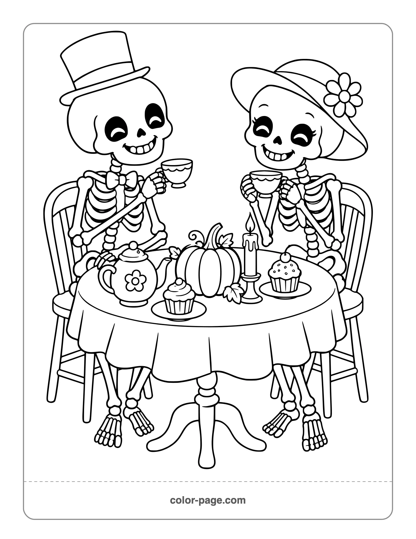 Two skeletons having a tea party coloring page