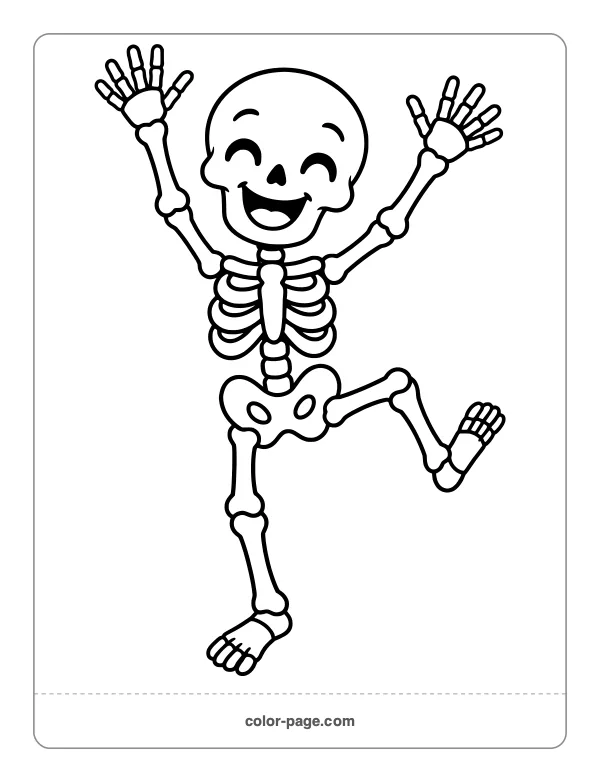 Smiling cartoon skeleton dancing coloring page