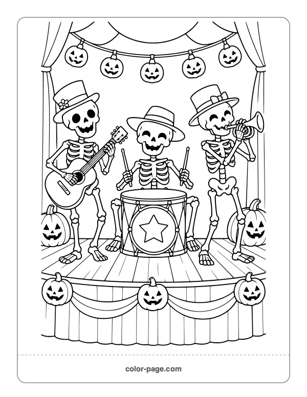 Skeleton band playing music on a Halloween stage coloring page
