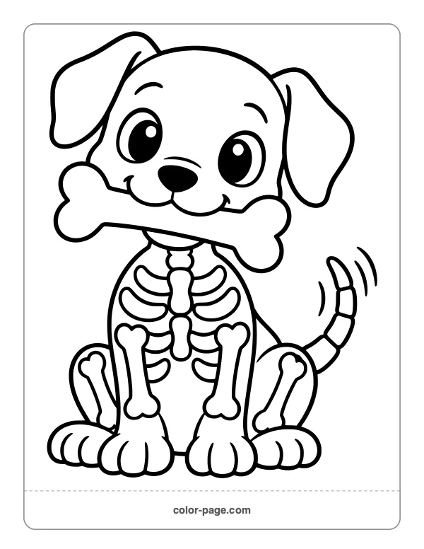 Cute skeleton puppy holding a bone coloring page