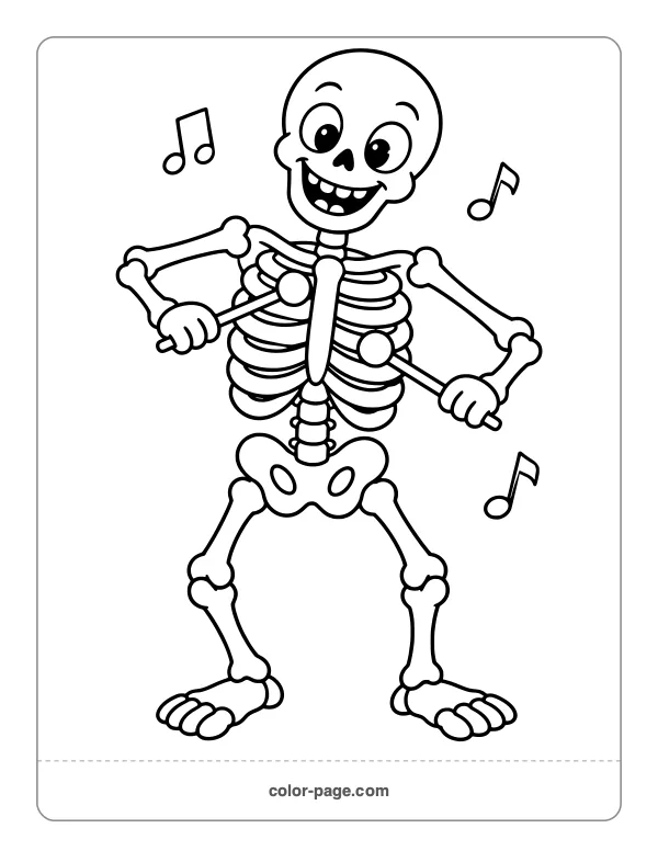 Silly skeleton playing its ribs like a xylophone coloring page